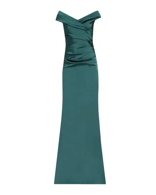 Rickie Freeman for Teri Jon Pleated Off-Shoulder Satin Column Gown