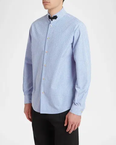 Valentino Garavani Men's Embroidered Striped Band-Collar Shirt | Thumbnail 4 Valentino Garavani Men's Embroidered Striped Band-Collar Shirt | Thumbnail 4