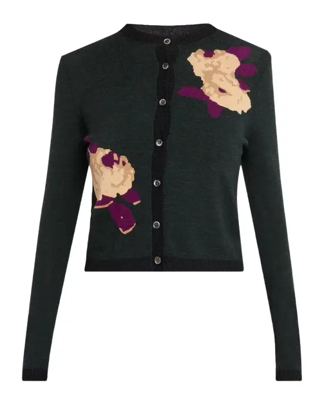 Rickie Freeman for Teri Jon Floral Intarsia Wool Knit Cardigan