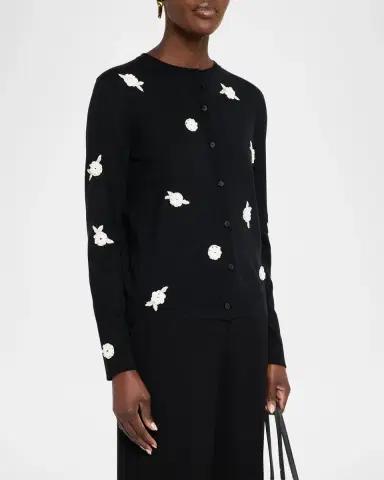 Lafayette 148 New York Crewneck Floral Applique Cashmere Cardigan | Thumbnail 4