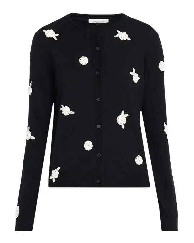 Lafayette 148 New York Crewneck Floral Applique Cashmere Cardigan