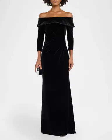 Rickie Freeman for Teri Jon Off-Shoulder Stretch Vevlet Column Gown | Thumbnail 2