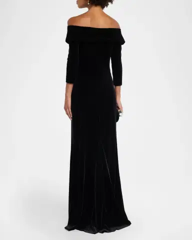 Rickie Freeman for Teri Jon Off-Shoulder Stretch Vevlet Column Gown | Thumbnail 3