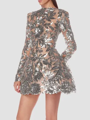 Bronx and Banco Women's Sequined Floral Long-Sleeve Mini Dress | Thumbnail 4