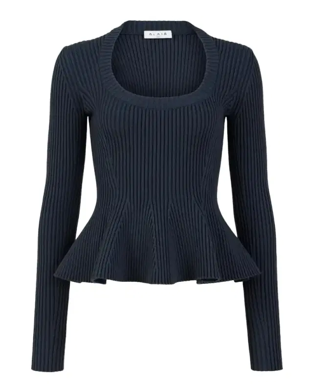 Wool Rib Long-Sleeve Peplum Top