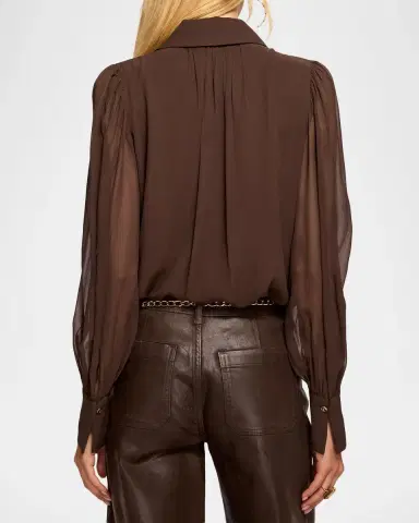 Ramy Brook Claire Ruffle Blouson-Sleeve Silk Blouse | Thumbnail 2