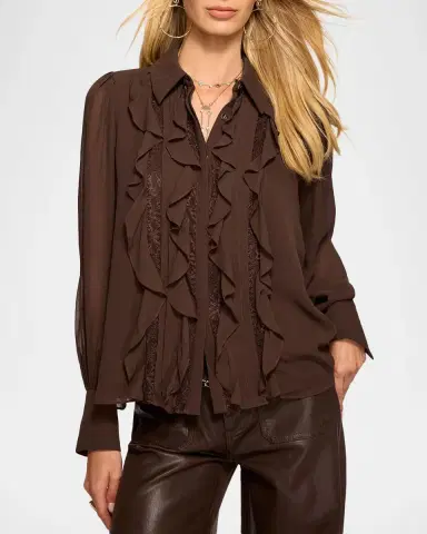 Ramy Brook Claire Ruffle Blouson-Sleeve Silk Blouse | Thumbnail 3
