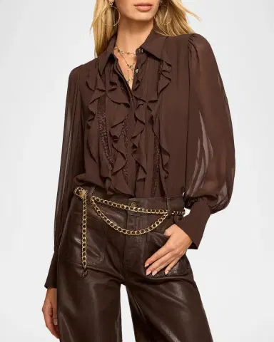 Ramy Brook Claire Ruffle Blouson-Sleeve Silk Blouse | Thumbnail 5
