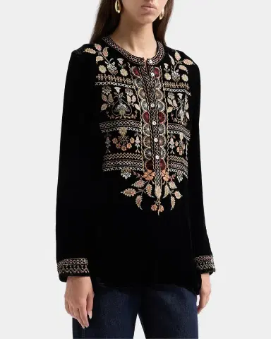 Johnny Was Floral-Embroidered Velvet Henley Tunic | Thumbnail 4