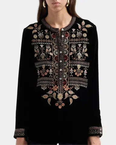 Johnny Was Floral-Embroidered Velvet Henley Tunic | Thumbnail 5