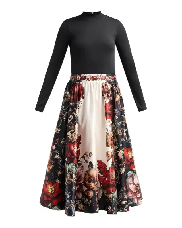 Alice + Olivia Chara Turtleneck Floral Flare Skirt Midi Dress