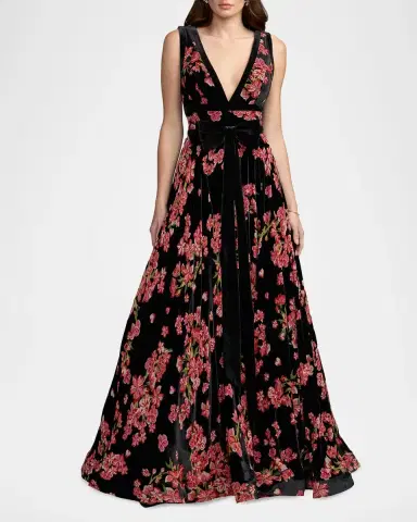 Mac Duggal Floral Velvet Plunging V-Neck Ball Gown | Thumbnail 2