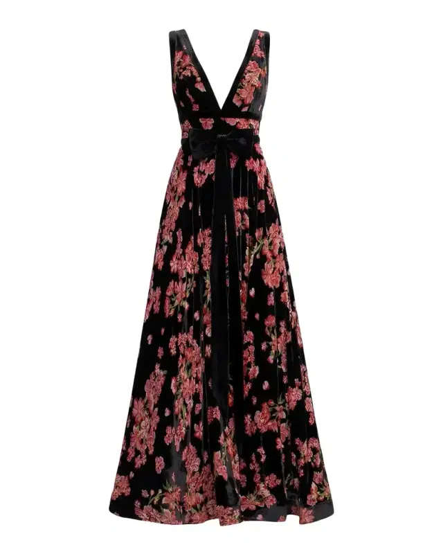 Mac Duggal Floral Velvet Plunging V-Neck Ball Gown