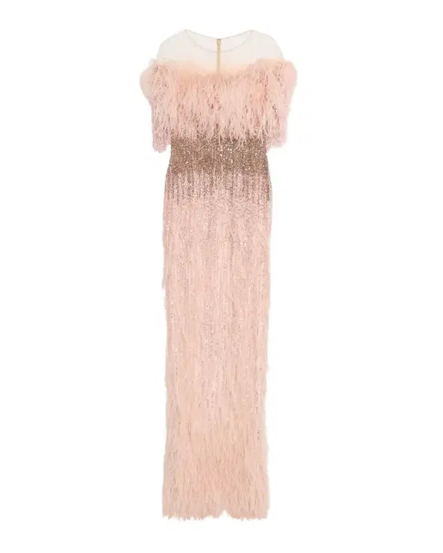 Feather Beaded Off-The-Shoulder Illusion Column Gown