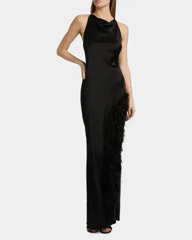 Lapointe Cowl Satin Ostrich Feather Gown | Thumbnail 2 Lapointe Cowl Satin Ostrich Feather Gown | Thumbnail 2