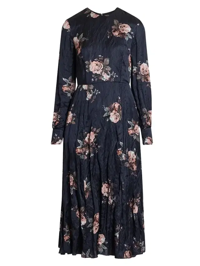 Women's Floral Crushed Satin Crewneck Midi Dress Women's Floral Crushed Satin Crewneck Midi Dress