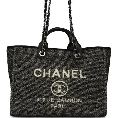 Chanel Chanel Medium Deauville Shopping Tote Black, White Wool, Leather Silver Hardware | Thumbnail 1 Chanel Chanel Medium Deauville Shopping Tote Black, White Wool, Leather Silver Hardware | Thumbnail 1