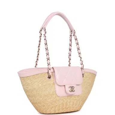 Chanel Chanel Small Shopping Tote Bag Beige Raffia and Light Pink Lambskin Light Gold Hardware | Thumbnail 2 Chanel Chanel Small Shopping Tote Bag Beige Raffia and Light Pink Lambskin Light Gold Hardware | Thumbnail 2