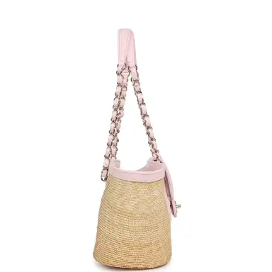 Chanel Chanel Small Shopping Tote Bag Beige Raffia and Light Pink Lambskin Light Gold Hardware | Thumbnail 3 Chanel Chanel Small Shopping Tote Bag Beige Raffia and Light Pink Lambskin Light Gold Hardware | Thumbnail 3