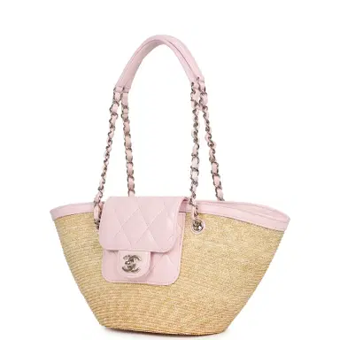 Chanel Chanel Small Shopping Tote Bag Beige Raffia and Light Pink Lambskin Light Gold Hardware | Thumbnail 5 Chanel Chanel Small Shopping Tote Bag Beige Raffia and Light Pink Lambskin Light Gold Hardware | Thumbnail 5