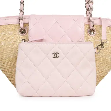 Chanel Chanel Small Shopping Tote Bag Beige Raffia and Light Pink Lambskin Light Gold Hardware | Thumbnail 7 Chanel Chanel Small Shopping Tote Bag Beige Raffia and Light Pink Lambskin Light Gold Hardware | Thumbnail 7