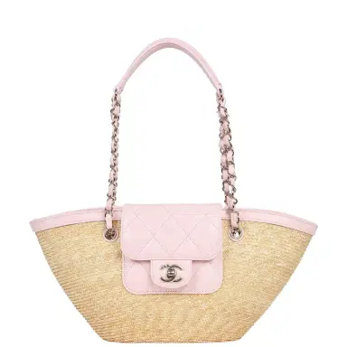 Chanel Chanel Small Shopping Tote Bag Beige Raffia and Light Pink Lambskin Light Gold Hardware | Thumbnail 1 Chanel Chanel Small Shopping Tote Bag Beige Raffia and Light Pink Lambskin Light Gold Hardware | Thumbnail 1