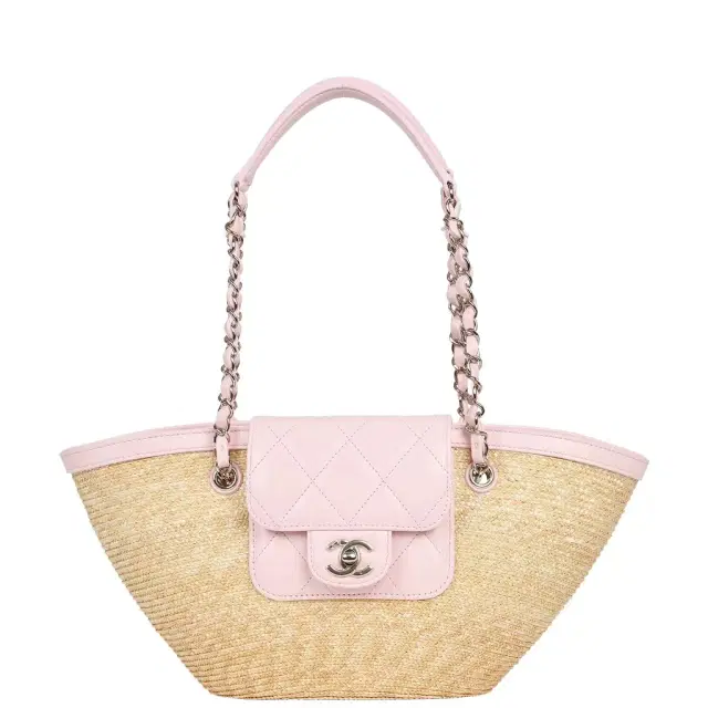 Chanel Small Shopping Tote Bag Beige Raffia and Light Pink Lambskin Light Gold Hardware Chanel Small Shopping Tote Bag Beige Raffia and Light Pink Lambskin Light Gold Hardware