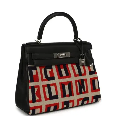 HERMÈS Hermes "Lettres Au Carre" Kelly Retourne 28 Black Swift and Ecru, Capucine, Bleu Indigo Toile De Camp Palladium Hardware | Thumbnail 2 HERMÈS Hermes "Lettres Au Carre" Kelly Retourne 28 Black Swift and Ecru, Capucine, Bleu Indigo Toile De Camp Palladium Hardware | Thumbnail 2