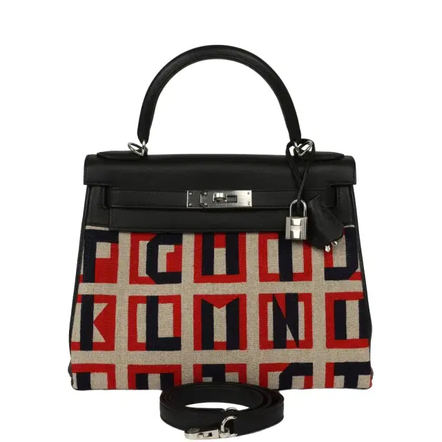 HERMÈS Hermes "Lettres Au Carre" Kelly Retourne 28 Black Swift and Ecru, Capucine, Bleu Indigo Toile De Camp Palladium Hardware