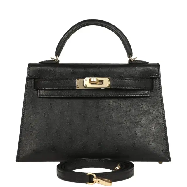 HERMÈS Hermes Kelly Sellier 20 Black Ostrich Permabrass Hardware