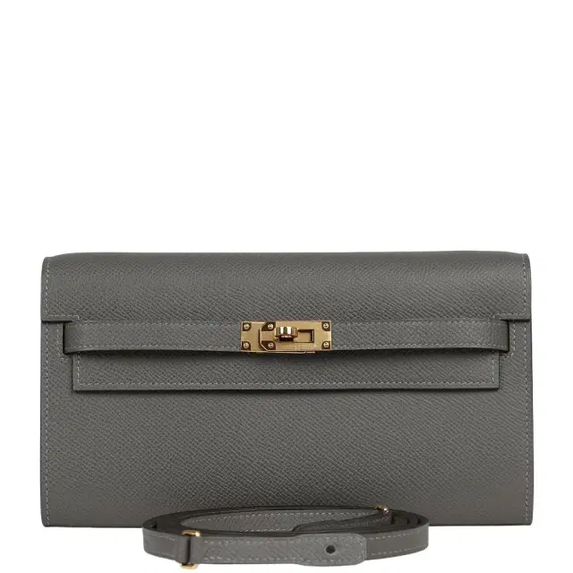 HERMÈS Hermes Kelly Wallet To Go Gris Meyer Epsom Gold Hardware
