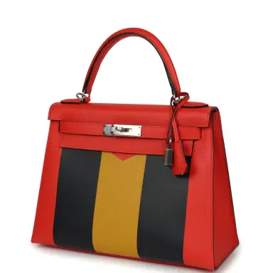 HERMÈS Hermes Kellygraphie Kelly Sellier 28 "Lettre M" Capucine, Bleu Obscur, Jaune Ambre Epsom, Sombrero, Chevre Mysore Palladium Hardware | Thumbnail 5 HERMÈS Hermes Kellygraphie Kelly Sellier 28 "Lettre M" Capucine, Bleu Obscur, Jaune Ambre Epsom, Sombrero, Chevre Mysore Palladium Hardware | Thumbnail 5