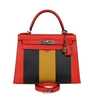 HERMÈS Hermes Kellygraphie Kelly Sellier 28 "Lettre M" Capucine, Bleu Obscur, Jaune Ambre Epsom, Sombrero, Chevre Mysore Palladium Hardware | Thumbnail 1 HERMÈS Hermes Kellygraphie Kelly Sellier 28 "Lettre M" Capucine, Bleu Obscur, Jaune Ambre Epsom, Sombrero, Chevre Mysore Palladium Hardware | Thumbnail 1