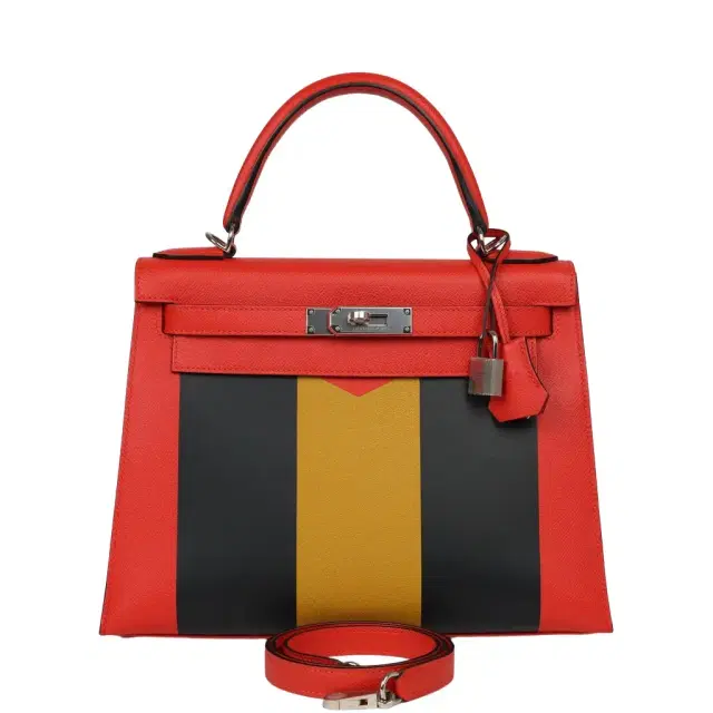 HERMÈS Hermes Kellygraphie Kelly Sellier 28 "Lettre M" Capucine, Bleu Obscur, Jaune Ambre Epsom, Sombrero, Chevre Mysore Palladium Hardware