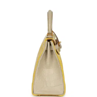 HERMÈS Hermes Special Order (HSS) Kelly Retourne 28 Mimosa, Beton Matte Alligator Brushed Gold Hardware | Thumbnail 3