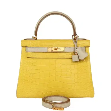 HERMÈS Hermes Special Order (HSS) Kelly Retourne 28 Mimosa, Beton Matte Alligator Brushed Gold Hardware | Thumbnail 1
