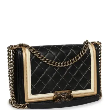 Chanel Pre-owned Chanel Medium "Paris-Versailles" Boy Bag Black, Gold, White Lambskin Antique Gold Hardware | Thumbnail 2 Chanel Pre-owned Chanel Medium "Paris-Versailles" Boy Bag Black, Gold, White Lambskin Antique Gold Hardware | Thumbnail 2