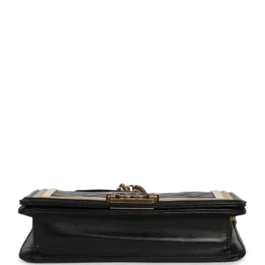 Chanel Pre-owned Chanel Medium "Paris-Versailles" Boy Bag Black, Gold, White Lambskin Antique Gold Hardware | Thumbnail 6 Chanel Pre-owned Chanel Medium "Paris-Versailles" Boy Bag Black, Gold, White Lambskin Antique Gold Hardware | Thumbnail 6