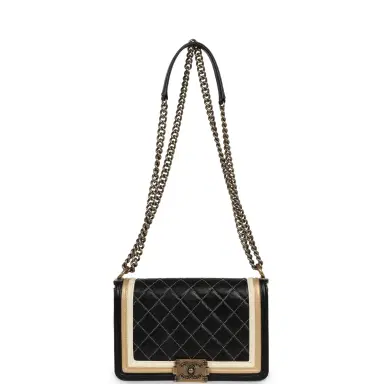 Chanel Pre-owned Chanel Medium "Paris-Versailles" Boy Bag Black, Gold, White Lambskin Antique Gold Hardware | Thumbnail 7 Chanel Pre-owned Chanel Medium "Paris-Versailles" Boy Bag Black, Gold, White Lambskin Antique Gold Hardware | Thumbnail 7