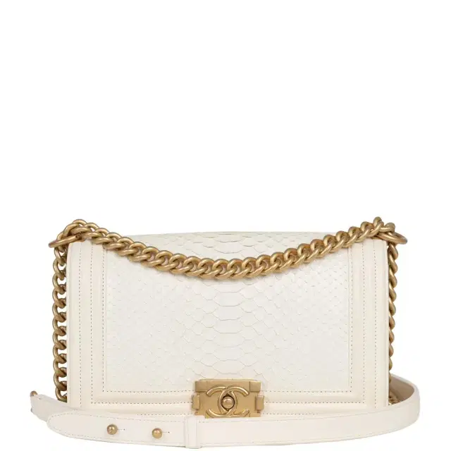 Chanel Pre-owned Chanel Medium Boy Bag Ivory Python Antique Gold Hardware