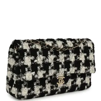 Chanel Pre-owned Chanel Medium Classic Double Flap Bag Black, White, Tweed Light Gold Hardware | Thumbnail 2 Chanel Pre-owned Chanel Medium Classic Double Flap Bag Black, White, Tweed Light Gold Hardware | Thumbnail 2