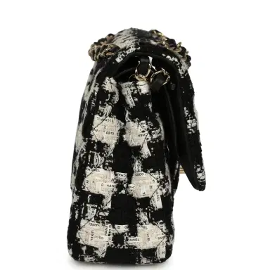 Chanel Pre-owned Chanel Medium Classic Double Flap Bag Black, White, Tweed Light Gold Hardware | Thumbnail 3 Chanel Pre-owned Chanel Medium Classic Double Flap Bag Black, White, Tweed Light Gold Hardware | Thumbnail 3