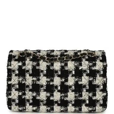 Chanel Pre-owned Chanel Medium Classic Double Flap Bag Black, White, Tweed Light Gold Hardware | Thumbnail 4 Chanel Pre-owned Chanel Medium Classic Double Flap Bag Black, White, Tweed Light Gold Hardware | Thumbnail 4