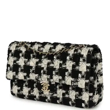 Chanel Pre-owned Chanel Medium Classic Double Flap Bag Black, White, Tweed Light Gold Hardware | Thumbnail 5 Chanel Pre-owned Chanel Medium Classic Double Flap Bag Black, White, Tweed Light Gold Hardware | Thumbnail 5