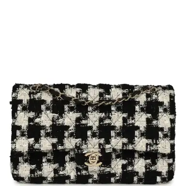 Chanel Pre-owned Chanel Medium Classic Double Flap Bag Black, White, Tweed Light Gold Hardware | Thumbnail 1 Chanel Pre-owned Chanel Medium Classic Double Flap Bag Black, White, Tweed Light Gold Hardware | Thumbnail 1