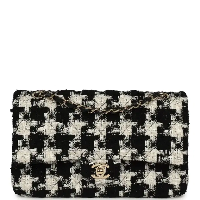 Pre-owned Chanel Medium Classic Double Flap Bag Black, White, Tweed Light Gold Hardware Pre-owned Chanel Medium Classic Double Flap Bag Black, White, Tweed Light Gold Hardware