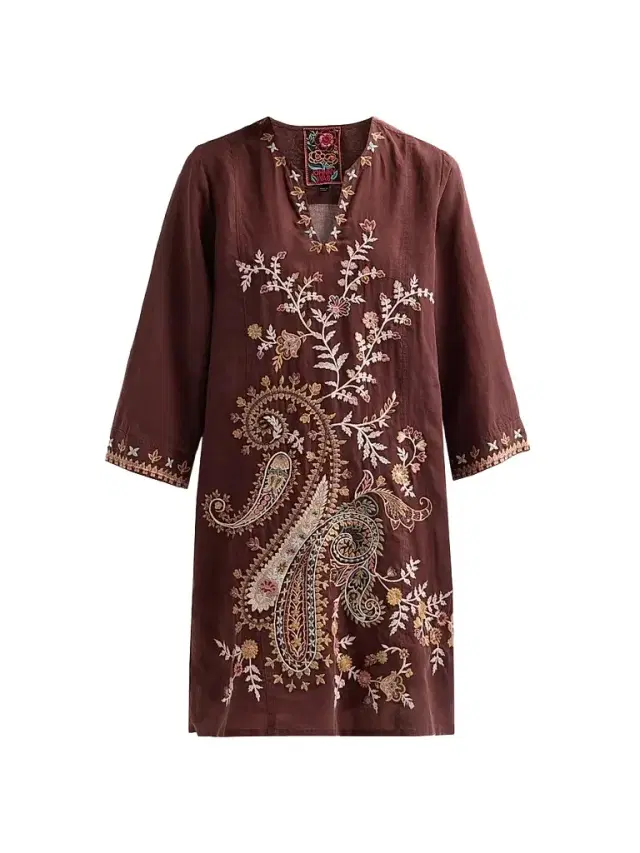 Women's Embroidered Paisley Swing Midi Dress