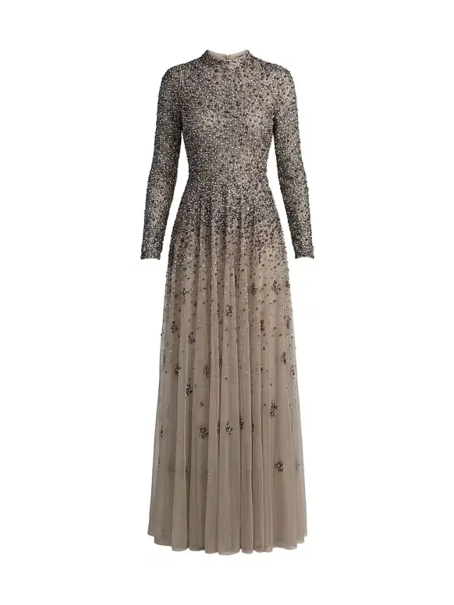 Women's Beaded Mesh Mock Turtleneck Gown