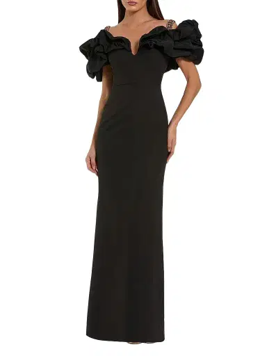 Mac Duggal Women's Off-The-Shoulder Puff-Sleeve Crepe Gown | Thumbnail 1 Mac Duggal Women's Off-The-Shoulder Puff-Sleeve Crepe Gown | Thumbnail 1