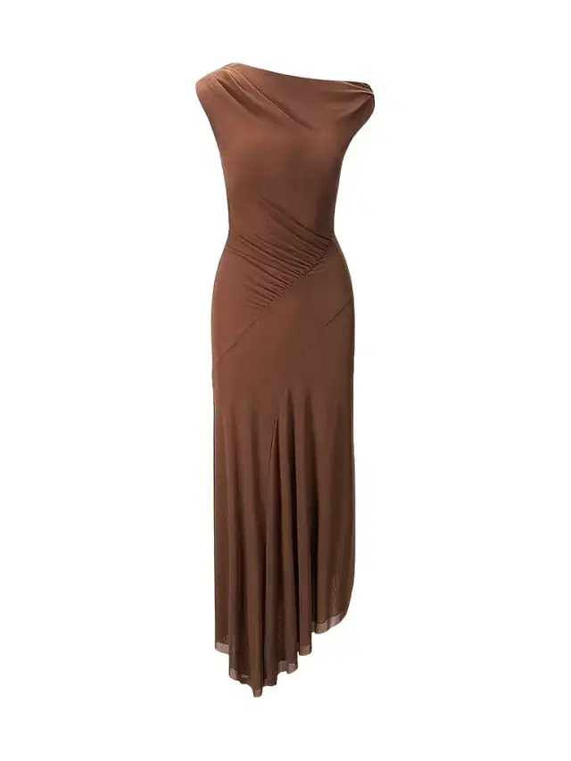 Staud Women's Amaris Ruched Mesh Asymmetric Maxi Dress
